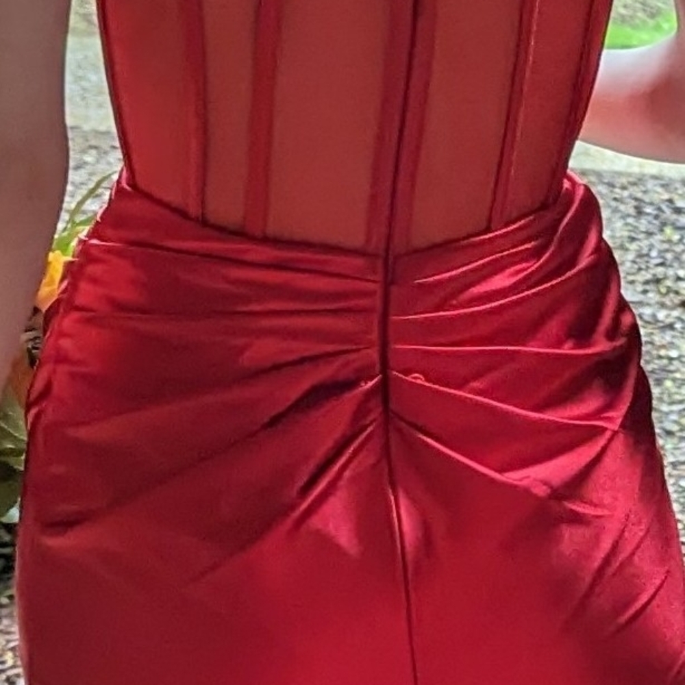 Red Satin Gown with Rose Accents - Sherri Hill - Picture 10 of 11